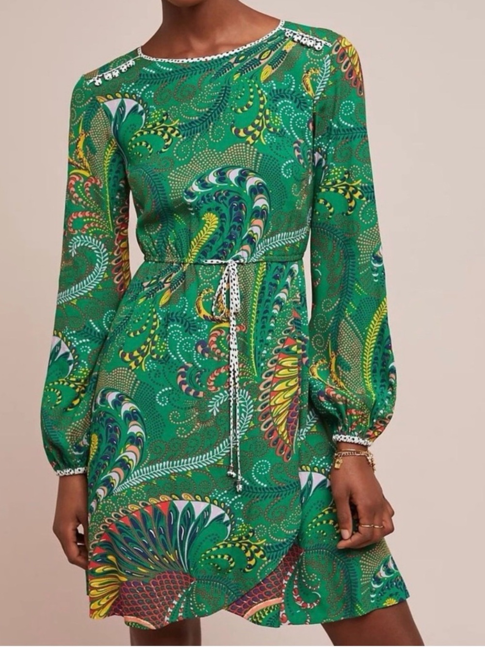Anthropologie Maeve Green Janis Verdant Floral Paisley Tie Faux Wrap Dress Sz 0